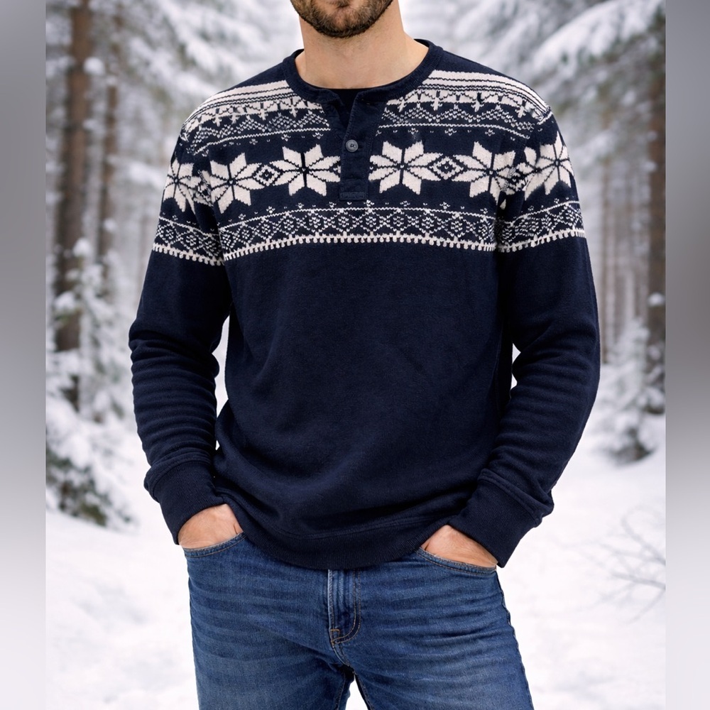 Ralph Lauren Black & White Fair Isle Crewneck Henley Cotton Sweater Size Large